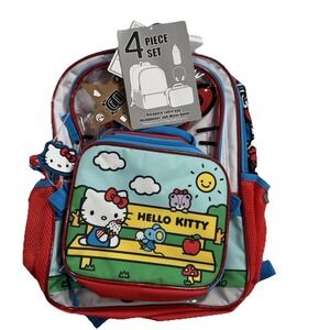 Hello Kitty 4 Piece‎ Backpack NWT Kids School Lunch Box Water Bottle Headphones